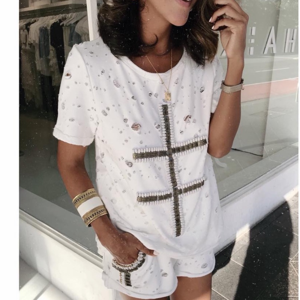 Ixiah White Embellished Short Sleeve Tee